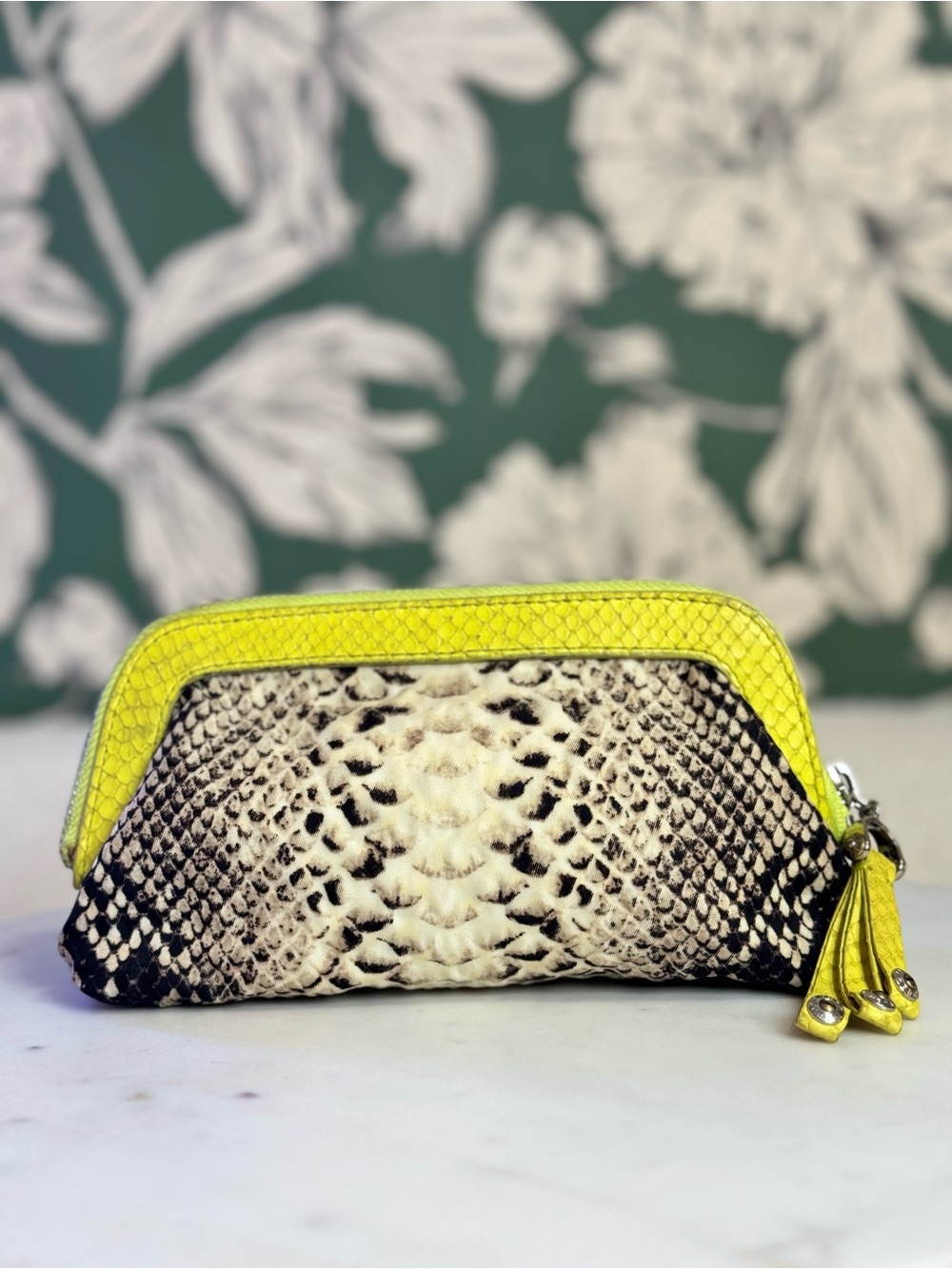 henri bendel Snake-Print Pouch with Yellow Trim and Tassel Zipper